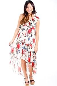 Cecico Off the Shoulder Rose Print Flowing Dress in Beige