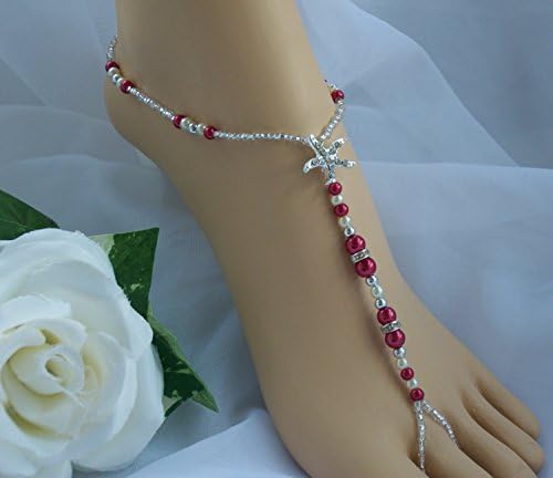 Silver Rhinestone Starfish Barefoot Sandal with Red Beads, Body Jewelry, Summer Barefoot Sandal, Girl Foot Sandals, Starfish Jewelry, Bridal Jewelry, Bridal Shoes, Summer Beach Wedding, Bridal Shoes, Anklet, Gift for Her