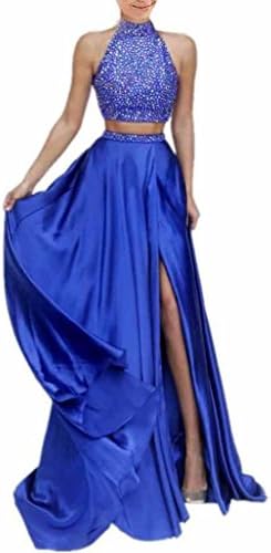 Yudear Women's High Neck A-line Split Front Two Pieces Prom Dress US 4 Royal