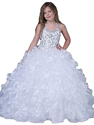 Girls Halter Beaded Lace-Up  Pageant Dress  With Ruffles