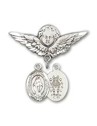 Sterling Silver Baby Badge with Miraculous Charm and Angel with Wings Badge Pin