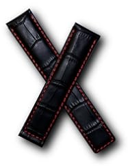 WSW Black Alligator-style leather watchband with red stitching to fit TAG Heuer Carrera models listed below