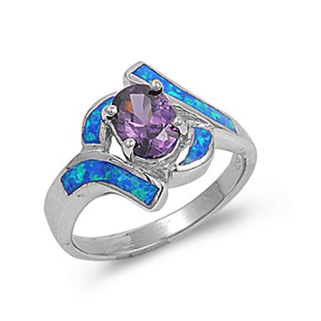 Sterling Silver Amethyst CZ and Blue Opal Ring Sizes 5 to 10