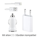 Original iProtect® 3 in 1 KFZ Set mit USB Ladekabel / Datenkabel + Netzteil / Charger + KFZ Autoladegerät / Adapter Ersatzteile Set für Apple iPhone 6, iPhone 5 G 5s 5c, iPod Touch 5G, iPod Nano 7G, iPad mini 1+2, iPad 4, iPad Air, iPad Air 2 in weiß