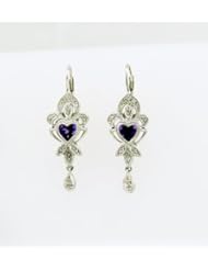 14K White Gold Gem Quality Brazilian Amethyst Dangle Earrings with Diamond Accent and  Lever Back