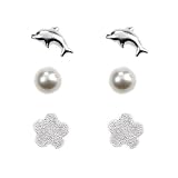 FOJO's Dolphin, Flower, and White Pearl Earrings Set