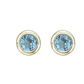 14K Yellow Gold Bezel Set Blue Topaz Earring Studs by Katarina Jewelry