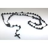 Mens Black Stainless Steel Rosary Necklace with Cross - 32