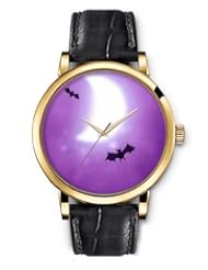 SPRAWL Aanalog Fashion Series Gold Ladies Watches of Genuine Black Leather Strap,Unique Wrist Watch for Women Girls Designed with Purple bat on moon background