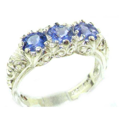 Luxury Solid White Gold Natural Tanzanite Art Nouveau Carved Trilogy Ring - Finger Sizes 5 to 12 Available