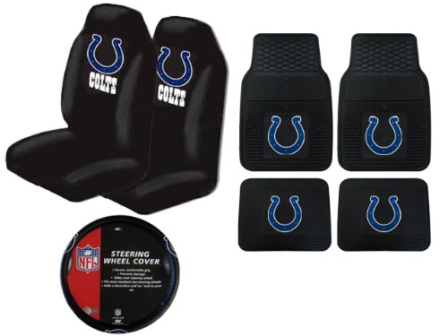 A Set of 4 NFL Universal Fit Front All-Weather Floor Mats and A Set of 2 Universal Fit Seat Covers and 1 Steering Wheel Cover - Indianapolis Colts