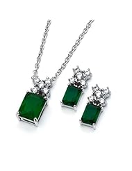 Rhodium Plated 925 Sterling Silver Rectangle Cut Prong Set Emerald Cubic Zirconia CZ Designer Elegant Earrings and Necklace Set