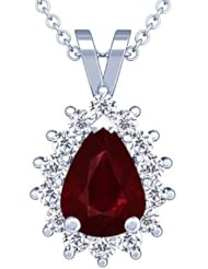 18K White Gold Pear Cut Ruby And Round Diamond Pendant