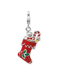 Sterling Silver 3-D Red Enameled Holiday Stocking w/Lobster Claw Clasp Clasp Charm