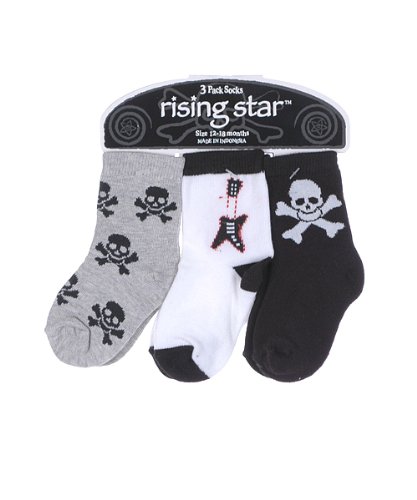 Rising Star Boys Rock Star 3-Pack Socks (Sizes 6M - 18M) - black/white/gray, 6 - 12 months