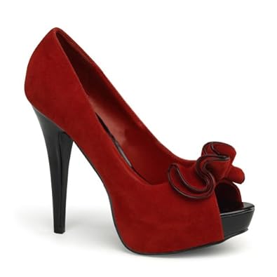 5 1/2 Inch Sexy High Heel Shoes Concealed Platform Red Suede Peep Toe With Ruffle
