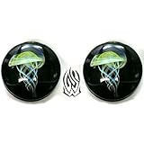 Pair of Glass Double Flared Amber Purple Jellyfish Plugs: 00g Black