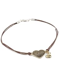 Sterling Silver with Yellow Gold Flashed Graffiti Heart Charm with Heart Charm Dangle on Brown Thread Bracelet, 7"