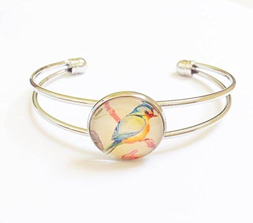 silver plated cute bird motif bangle ~ glass cabochon bracelet