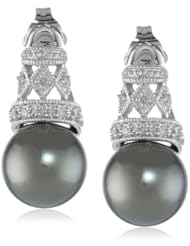 10k White Gold Diamond and Black Tahitian Cultured Pearl Drop Earrings (0.06 cttw, G-H Color, I2;I3 Clarity)