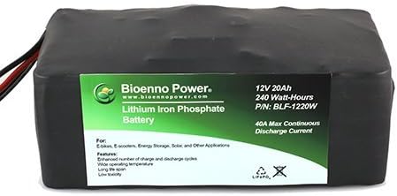 Bioenno Power 12V, 20Ah Lithium Iron Phosphate (LiFePO4) Battery (Black PVC Pack) with Bundled AC-to-DC Charger for e-bikes, e-scooters, golf carts, solar applications, energy storage, robotics, electric wheelchairs, flash photography, etc