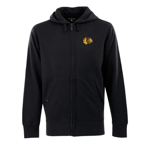 Antigua Men's NHL Chicago Blackhawks Signature Hood Long Sleeve Full-Zip Fleece, Black, X-Large