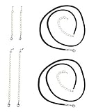 TWO (2) Necklace Cords for Pendants - 16 + 2 Extension Chains - Black Silk/Satin AND 2 Pcs of 2 Extension Chains and 2 Pcs of 4 Extension Chains ~ Silver Tone Plated