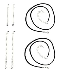 Necklace Cords for Pendants - D58 - 16" + 2" Extension Chains - Black Silk/Satin AND 2 Pcs of 2" Extension Chains and 2 Pcs of 4" Extension Chains ~ Silver Tone Plated - SET OF TWO (2) CORDS and FOUR (4) EXTENDERS