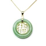 Gold Plated Sterling Silver Green Chinese Jade Circle Pendant with Center "Good Luck" Character