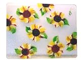 ArtisanStreet's Hand Painted Tempered Glass Cutting Board. Features Reverse Painted Design Of Bright Yellow & Brown Sunflowers. Made To Order & Signed By Artisan.