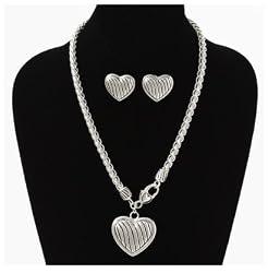 Silver Tone Heart Pendant Necklace & Earrings Set Fashion Jewelry
