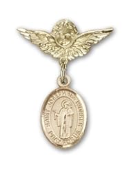 Gold Filled Baby Badge with St. Joseph the Worker Charm and Angel with Wings Badge Pin