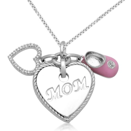 Sterling Silver Enamel “MOM” Heart & Baby Shoe Diamond Charm Pendant (0.05 cttw, I-J Color, I3 Clarity), 18″