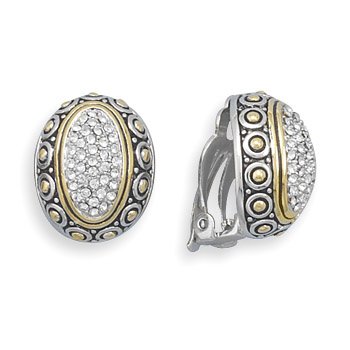 Rhodium Plated Sterling Silver, 14 Karat Gold Plated and CZ Clip On Earrings
