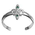 Silver Toe Ring with Emerald CZ - Rhodium Plated - Fleur De Lise