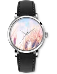 SPRAWL Aanalog Fashion Series Silver Ladies Watches of Genuine Black Leather Strap,Unique Wrist Watch for Women Girls Designed with Branches of wheat