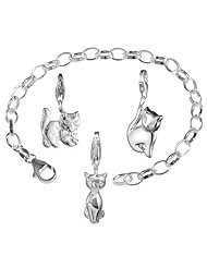 VINANI brand Germany 925 Sterling Silver Charm Bracelet Topic Cat with 3 charm pendants 19,5 cm (7.5") BKZ