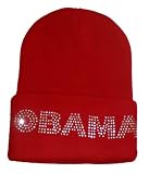 Barack Obama Beanie - Red Knit Winter Cap with OBAMA Rhinestones, Great Gift Idea