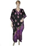 Resort Wear Womens Paisley Print Satin Crepe Caftan Kaftan Black Purple Evening Dress