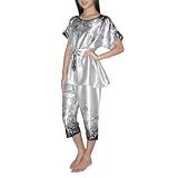 2PC SLEEPWEAR SET: SILK COUTURE Womens Gorgeous Silk Pajama / Loungewear Set includes Top & Matching Pants - Light Blue & Black