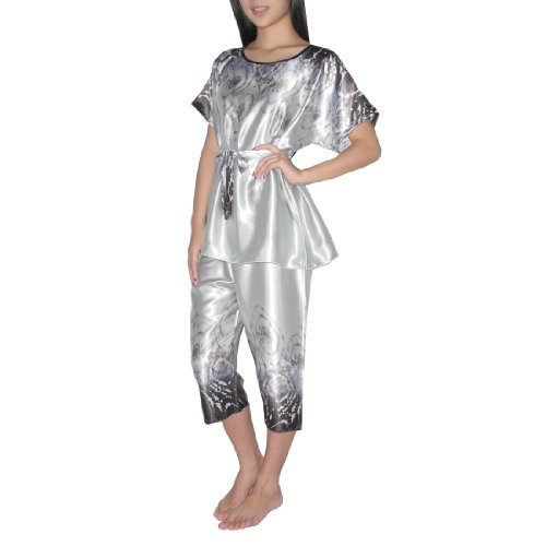 2PC SLEEPWEAR SET: SILK COUTURE Womens Gorgeous Silk Pajama / Loungewear Set includes Top & Matching Pants - Light Blue & Black