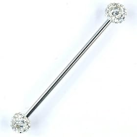 One Stainless Steel Straight Barbell: 16g 1-3/8", Tiffany Balls: 5mm, Clear Gems