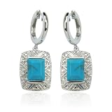 Platinum Overlay Sterling Silver Chinese Turquoise Rectangular Earrings w  Diamond Accents