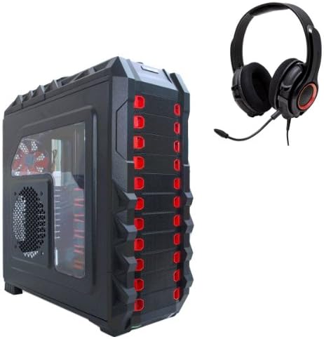 Casecom Halcones Black and Red Hardcore PC Gaming Series Full Tower Chassis with Top I/O Panel 4 Channel Fan Speed Buttons and GamesterGear PC200 Headset for PC or Smartphones - w/o PSU