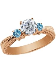 1.30 Ct Round H/I Diamond Swiss Blue Topaz 14K Rose Gold 3-Stone Ring
