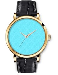 SPRAWL Aanalog Fashion Series Gold Ladies Watches of Genuine Black Leather Strap,Unique Wrist Watch for Women Girls Designed with Stained blue cyan background