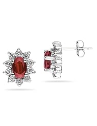 6X4mm Oval Shaped Garnet and Diamond Flower Earrings in 14k White Gold