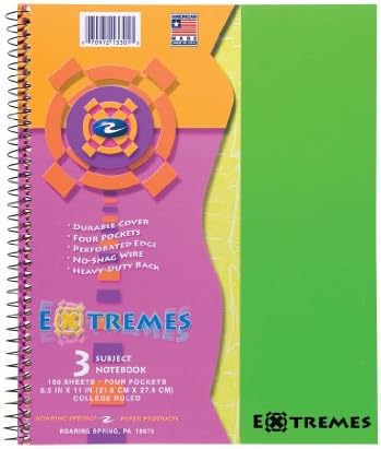 Extremes Notebook, Three Subject, 11 x 8.5 Inches, 150 Sheets, College Ruled, Assorted Poly Covers (13301)