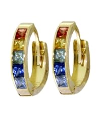 14k Gold Hoop Earrings with Genuine Multi Colors Sapphires