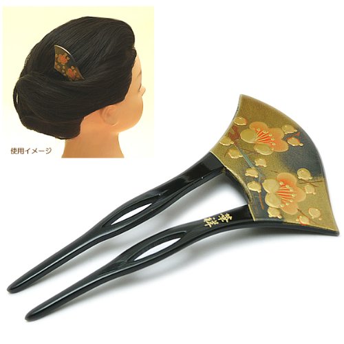 かんざし銀杏型「大人の髪飾りかんざし 黒×朱×金 梅」#1268